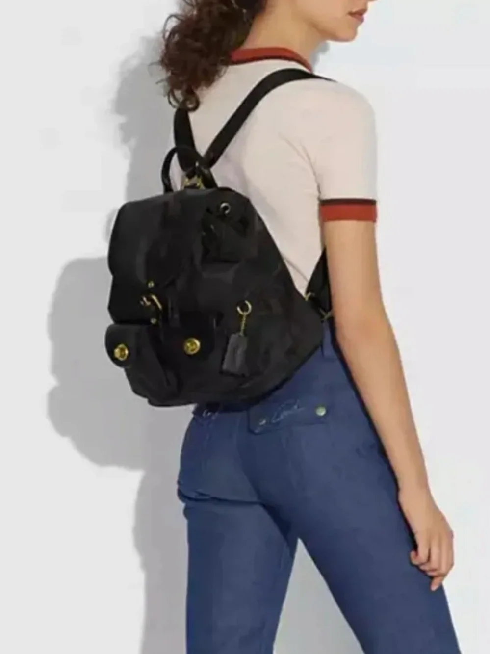 Coach Black Nylon Leather Cargo Backpack with Gold Hardware